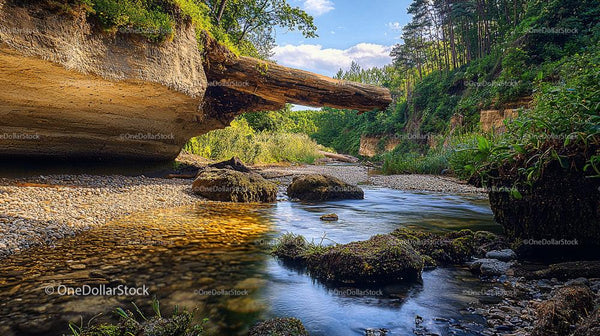 Serene River Flowing Through Rocky Landscape and Lush Greenery