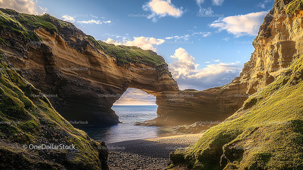Sunlit Natural Arch with Rocky Cliffs and Blue Ocean View