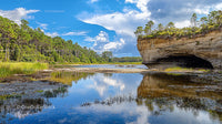 Scenic River with Forest Reflection and Rocky Cliff