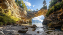 Sunlit Natural Arch on Rugged Coastal Landscape