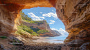 Scenic Coastal Cave Overlooking a Tranquil Beach and Blue Sky