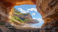 Scenic Coastal Cave Overlooking a Tranquil Beach and Blue Sky