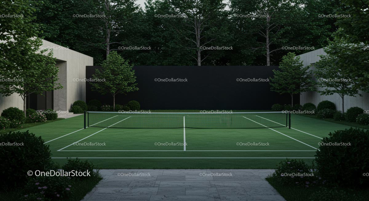 Modern Tennis Court Surrounded by Lush Greenery