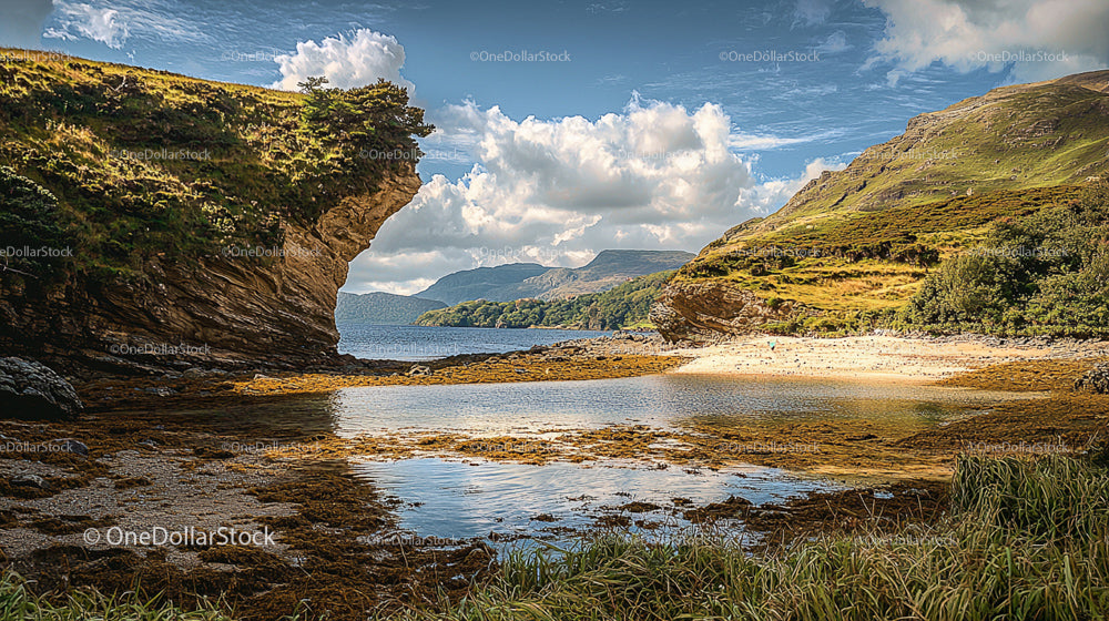 Serene Coastal Bay with Rocky Cliffs and Lush Greenery