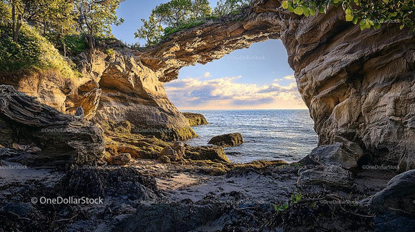 Natural Rock Arch Overlooking Serene Ocean at Sunset
