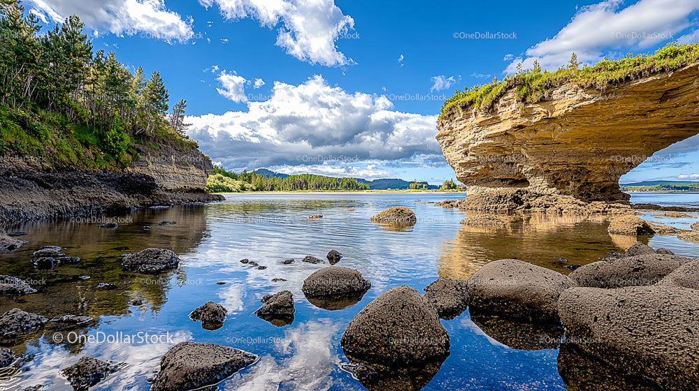 Natural Arch and Rocky Shore with Blue Sky Reflection