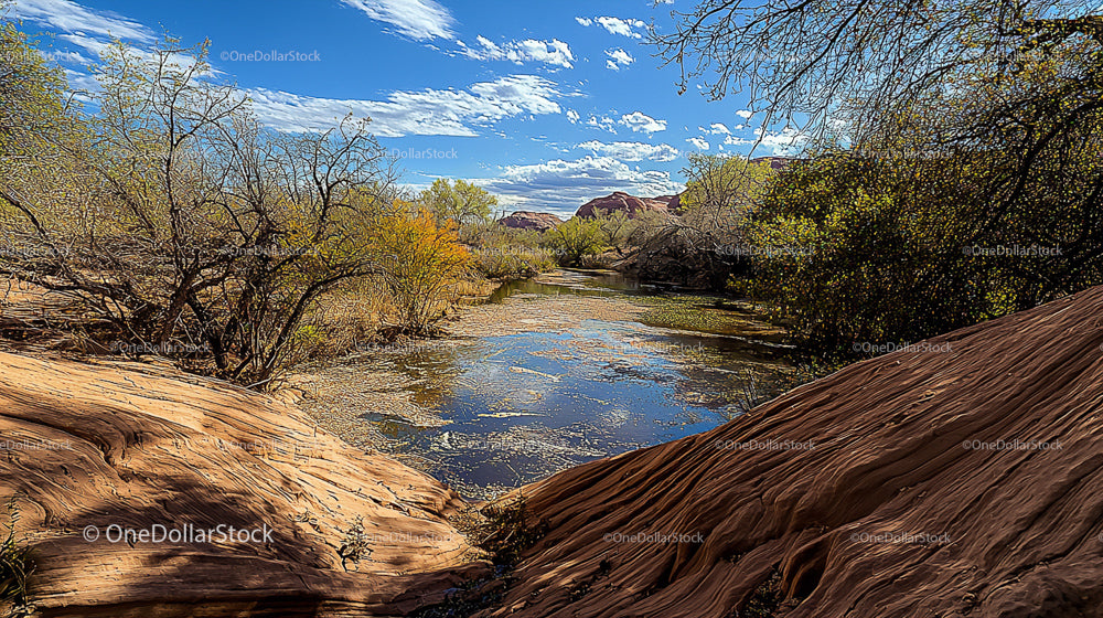 Serene River Flowing Through Desert Landscape Under Blue Sky