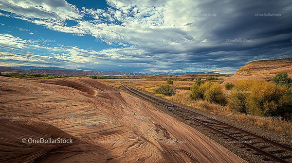 Majestic Desert Landscape with Railway Tracks and Dramatic Clouds