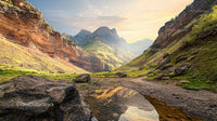 Majestic Canyon Valley with Reflective Water Pool at Sunset