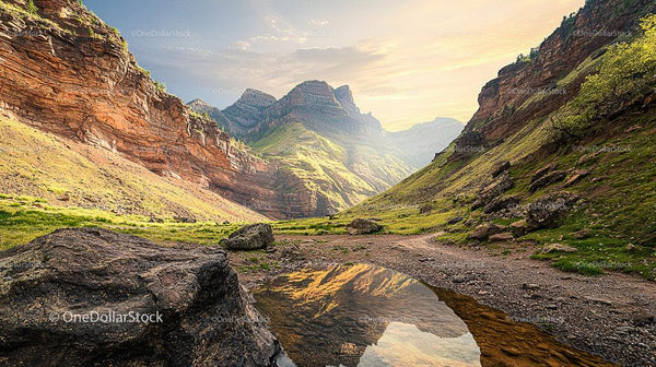 Majestic Canyon Valley with Reflective Water Pool at Sunset