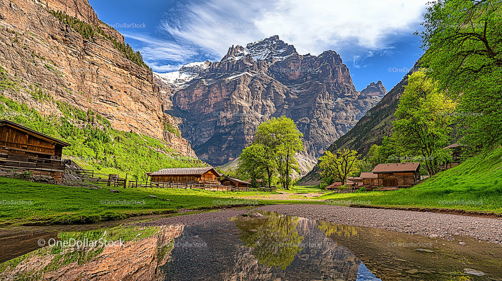 Scenic Alpine Valley with Wooden Cabins and Majestic Mountains