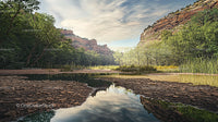 Tranquil Canyon Scene with Reflective Water and Lush Greenery