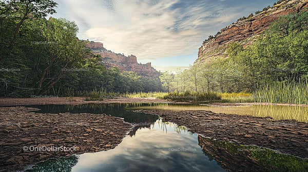 Tranquil Canyon Scene with Reflective Water and Lush Greenery