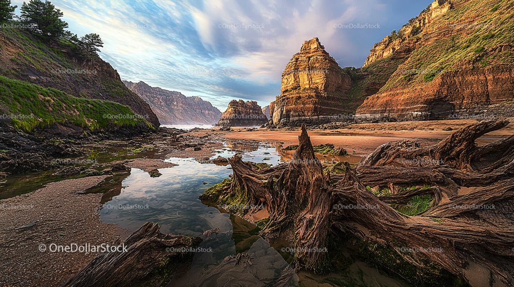 Dramatic Coastal Cliffs with Driftwood and Reflections