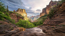 Dramatic Canyon Landscape with Lush Greenery and Rocky Cliffs