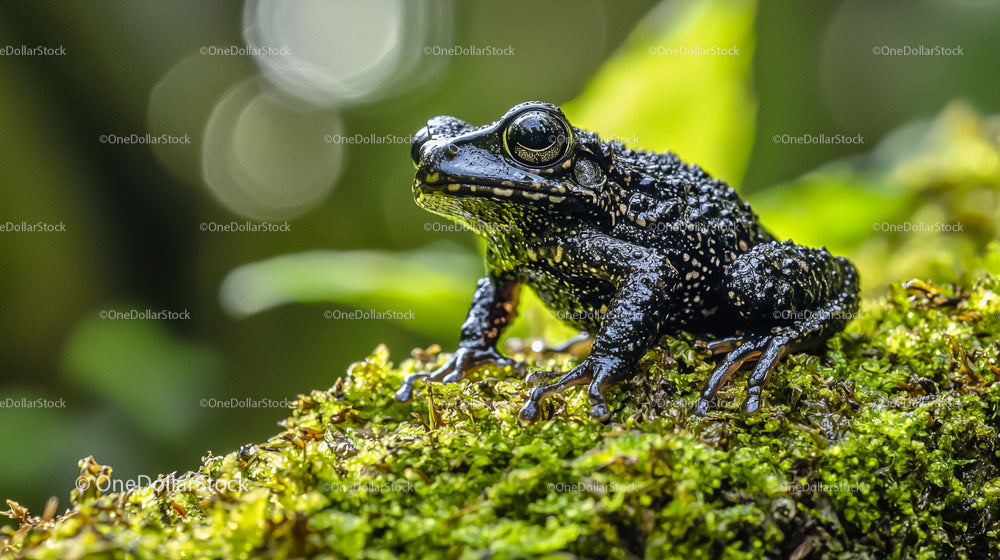 Black Frog Perched on Lush Green Moss