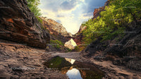 Scenic Canyon with Natural Rock Arch and Lush Green Foliage
