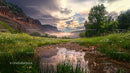 Tranquil Sunrise Over Lush Meadow and Rocky Mountains
