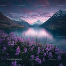 Twilight Over Serene Mountain Lake with Purple Flowers