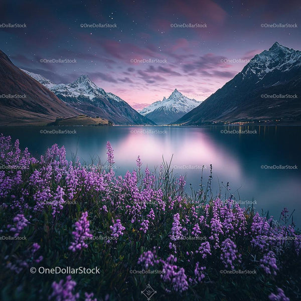 Twilight Over Serene Mountain Lake with Purple Flowers