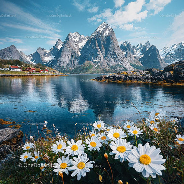 Daisies Overlooking Reflective Fjord with Snowy Mountains