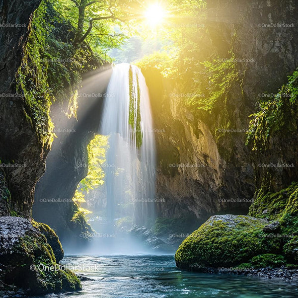 Majestic Waterfall Illuminated by Sunlight in Lush Forest