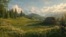 Rustic Barn in Tranquil Alpine Meadow with Majestic Mountains