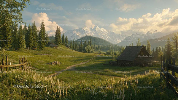 Rustic Barn in Tranquil Alpine Meadow with Majestic Mountains