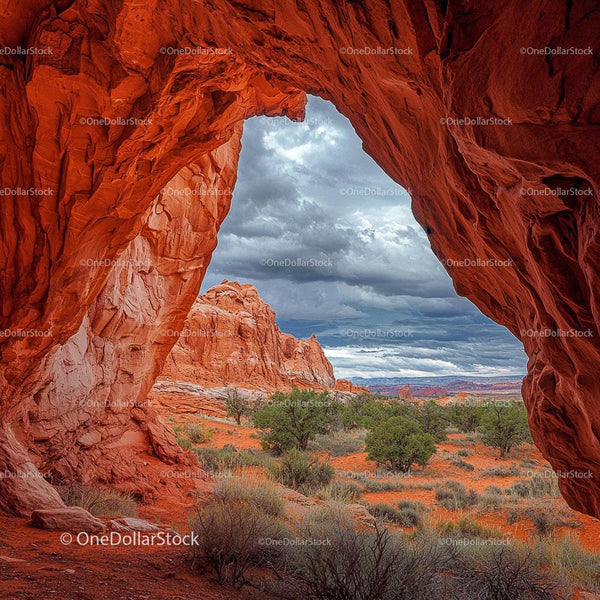 Scenic View Through Red Rock Arch in Desert Landscape
