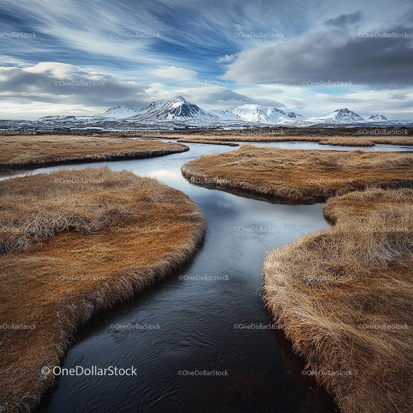 Snowy Mountains and Winding River in Scenic Landscape