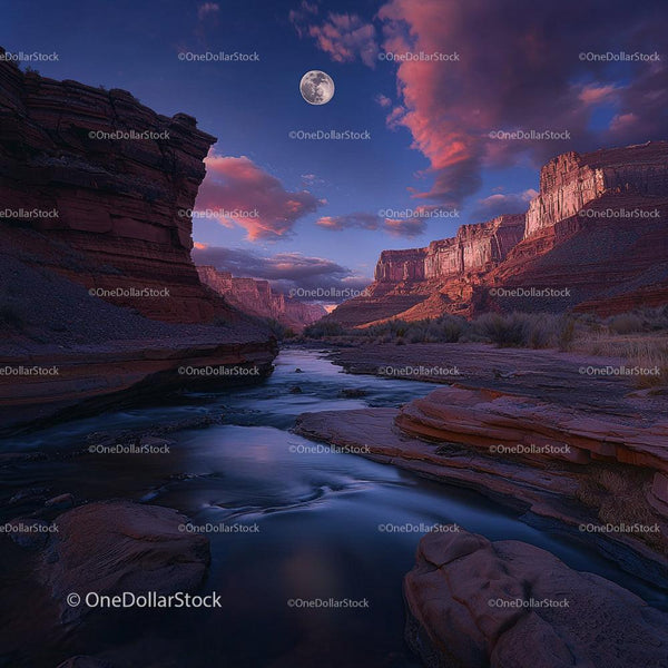 Moonlit Canyon with Serene River and Rocky Cliffs at Twilight