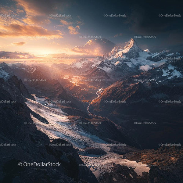 Dramatic Alpine Landscape with Glacial Valley at Sunset