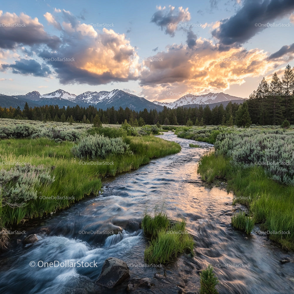 Majestic Mountain Stream at Sunset with Snowy Peaks