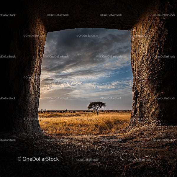 Acacia Tree at Sunset in African Savanna Landscape