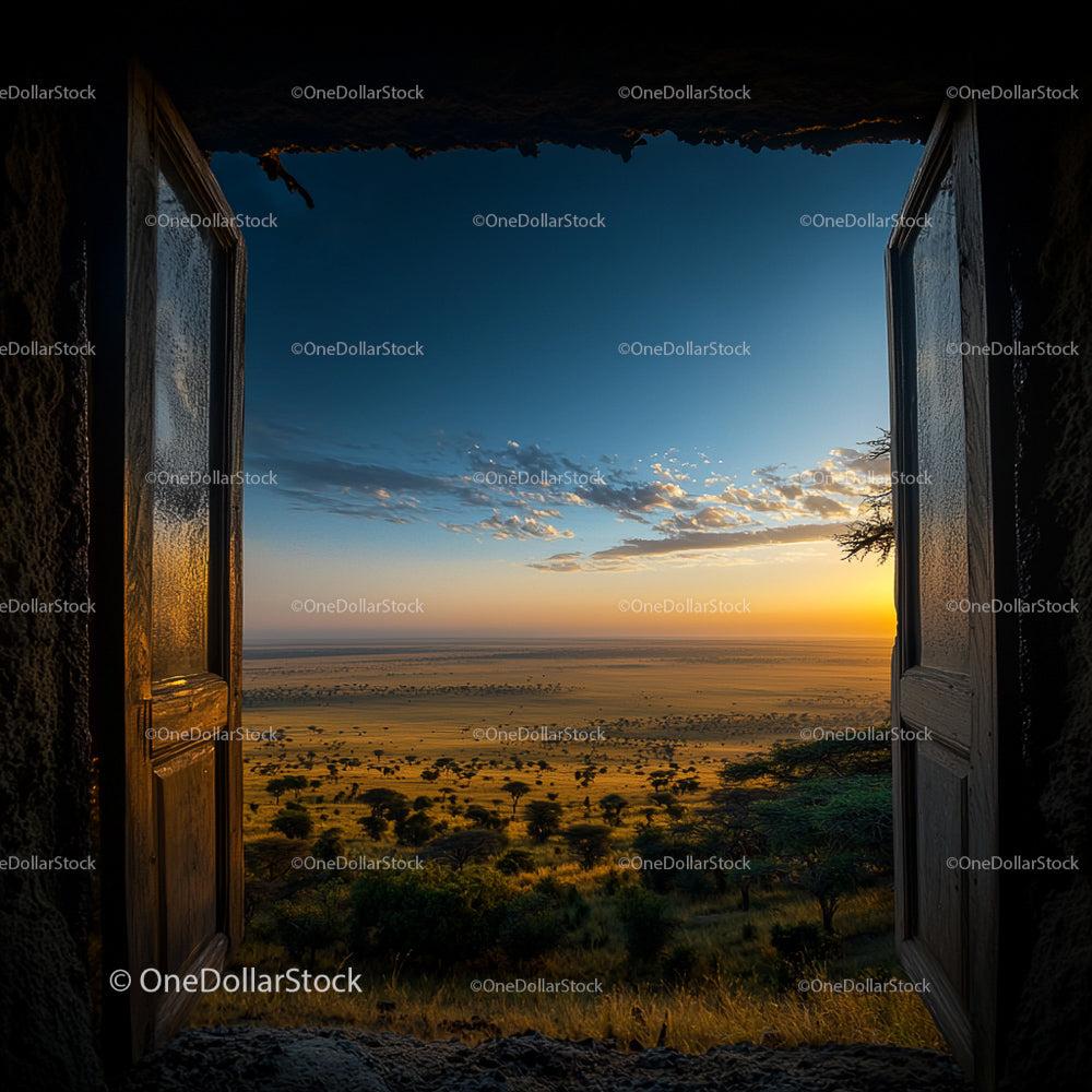 Open Doorway Revealing Golden Savanna Landscape at Sunset