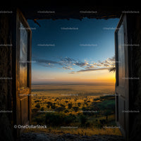 Open Doorway Revealing Golden Savanna Landscape at Sunset
