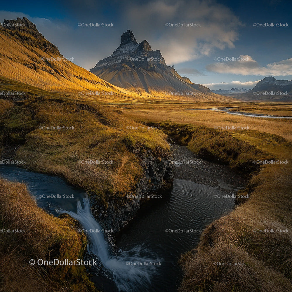 Majestic Mountain Scenery with Stream and Golden Grasses