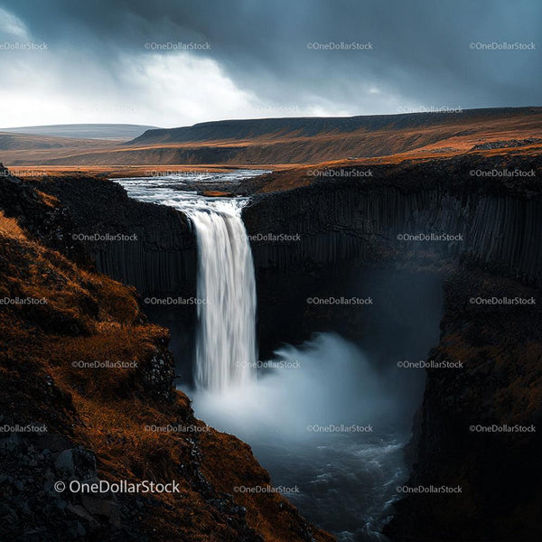 Majestic Waterfall Cascading over Basalt Columns in Iceland