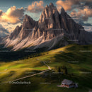 Majestic Mountain Peaks at Sunset with Lush Green Meadows