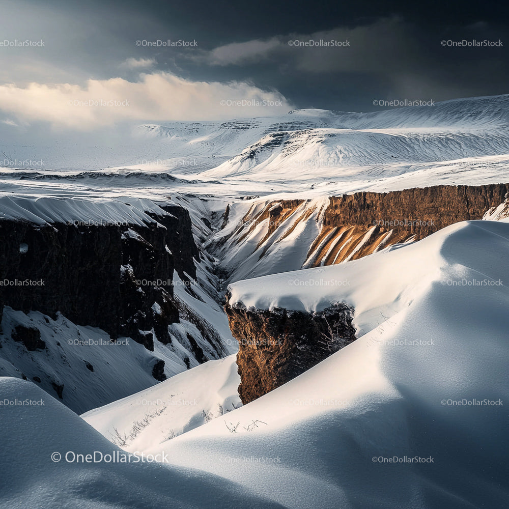 Dramatic Snow-Covered Canyon in Winter Mountains
