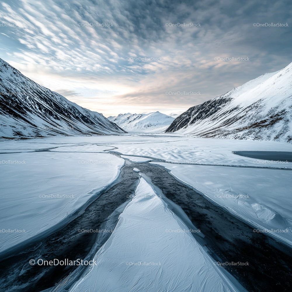 Breathtaking View of Snow-Capped Mountains and Frozen Lake