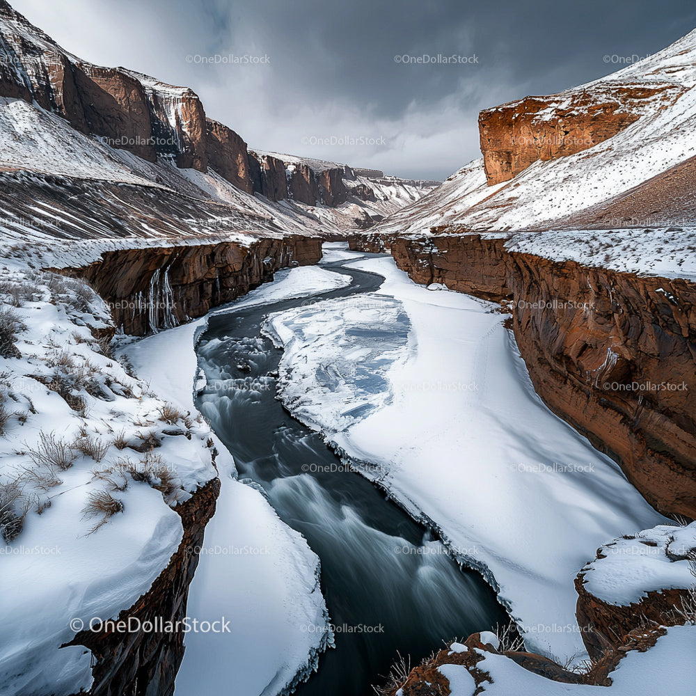 Snowy Canyon with a Frozen River under Dramatic Sky