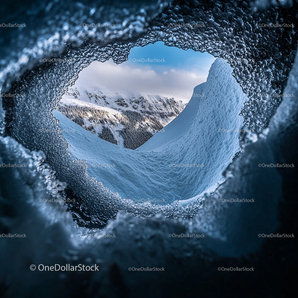 Wintry Mountain View Framed by Frozen Ice Cave