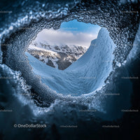 Wintry Mountain View Framed by Frozen Ice Cave