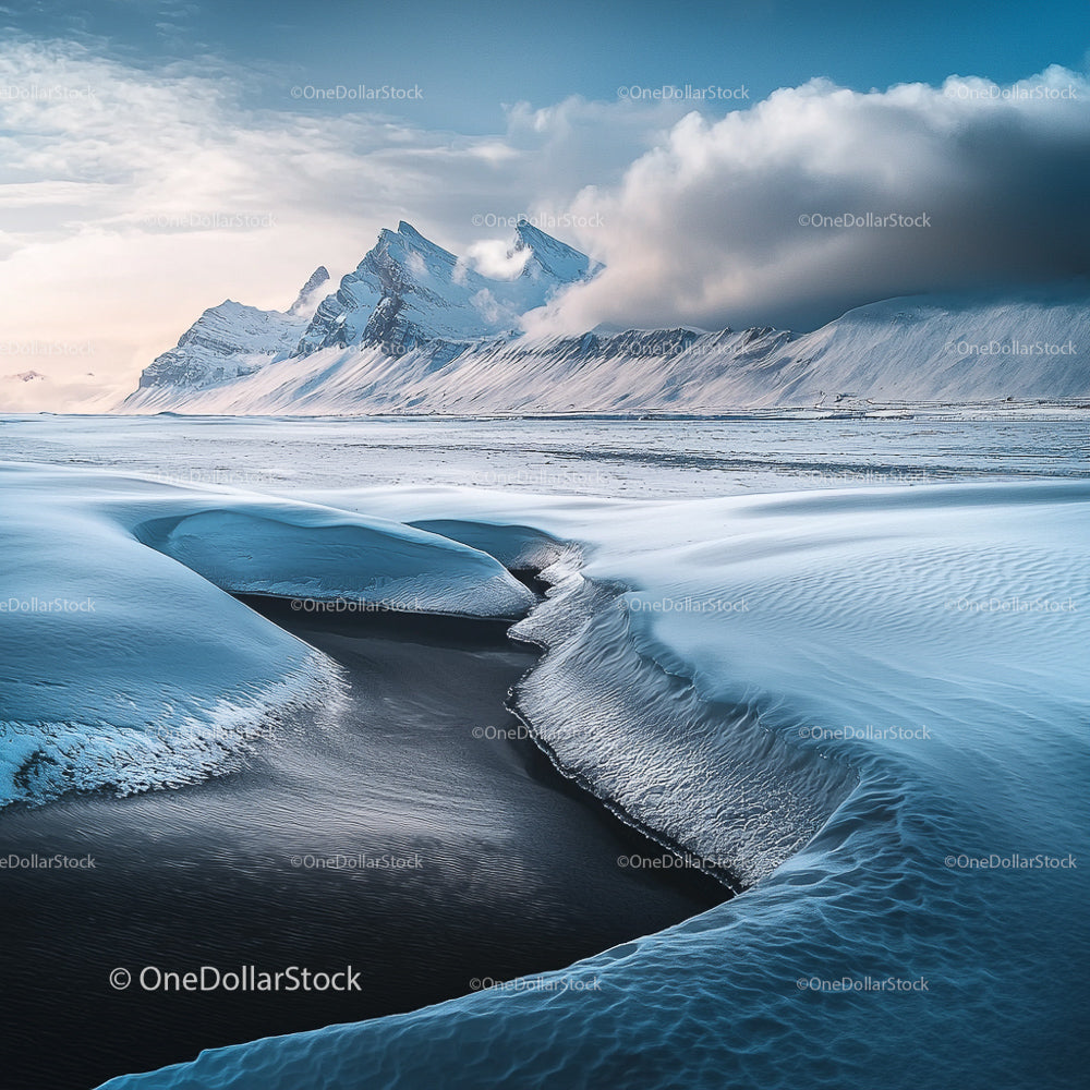 Dramatic Snowy Mountain Landscape with Frozen River