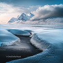 Dramatic Snowy Mountain Landscape with Frozen River