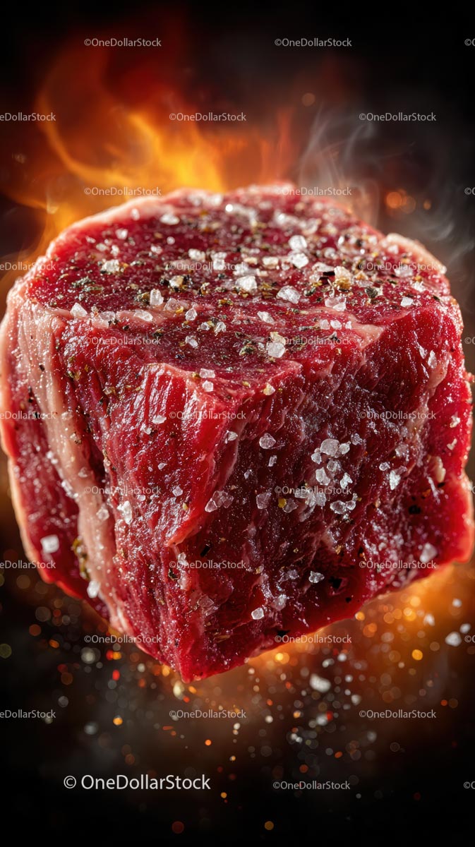 Raw Beef Steak with Coarse Salt and Fiery Background