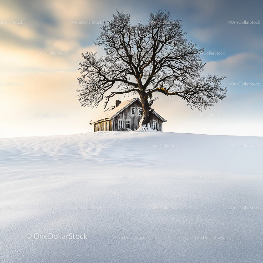 Rustic Cabin with Lone Tree in Snowy Winter Landscape