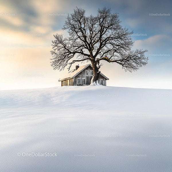 Rustic Cabin with Lone Tree in Snowy Winter Landscape