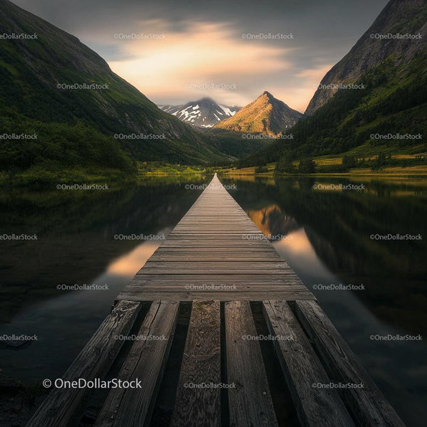 Wooden Boardwalk Leading to Misty Mountains at Sunset